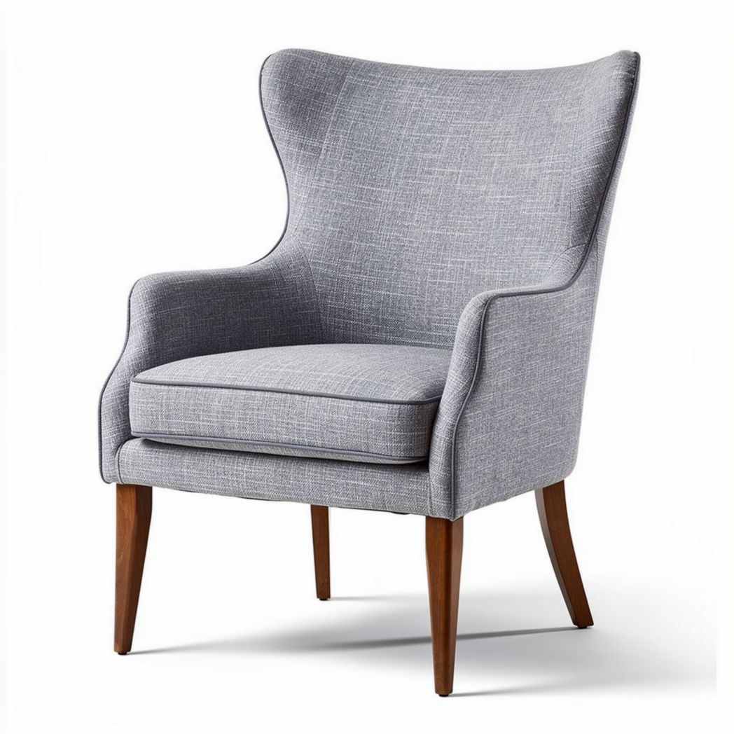 Grijze fauteuil van stof met houten poten afmetingen 70 x 70 x 90cm