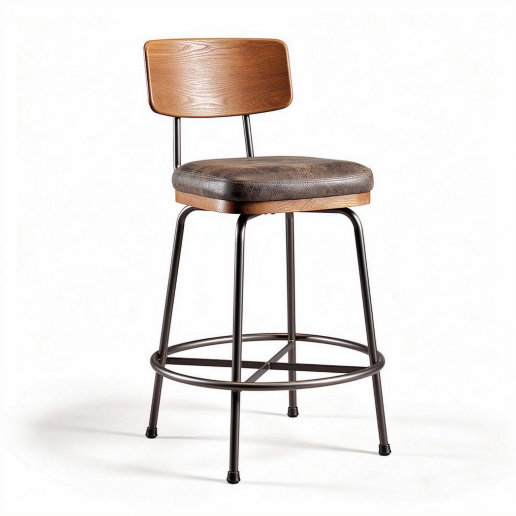 Houten barkruk met leren zitting en metalen onderstel 40 x 40 x 100cm